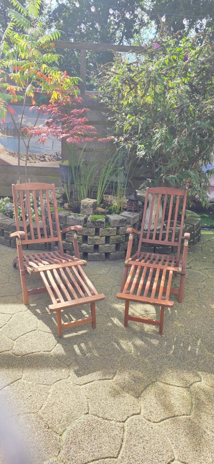 Luxe FSC hardhouten deckchairs / ligstoelen met kussens, Ophalen, Gebruikt, Teakhout, Verstelbaar