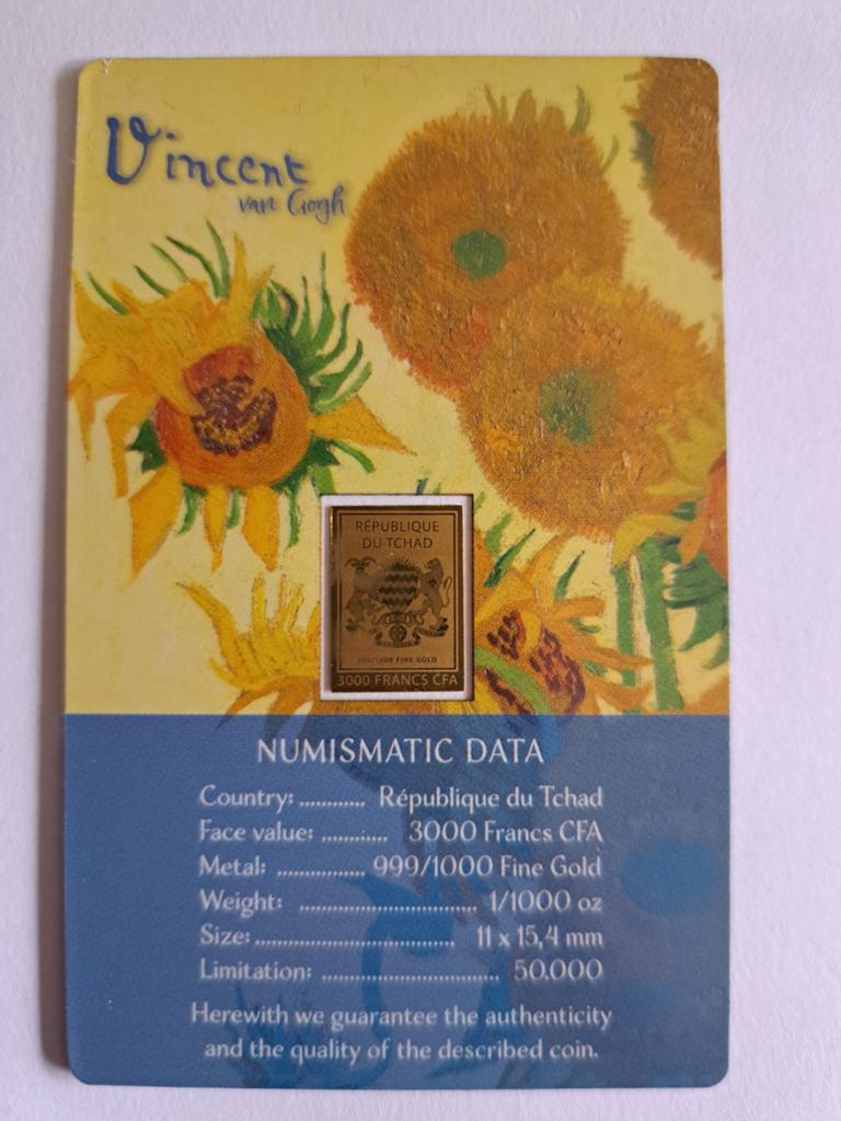 Vincent van Gogh Zonnebloemen 1/1000 oz Gouden Munt, Postzegels en Munten, Ophalen of Verzenden, Goud