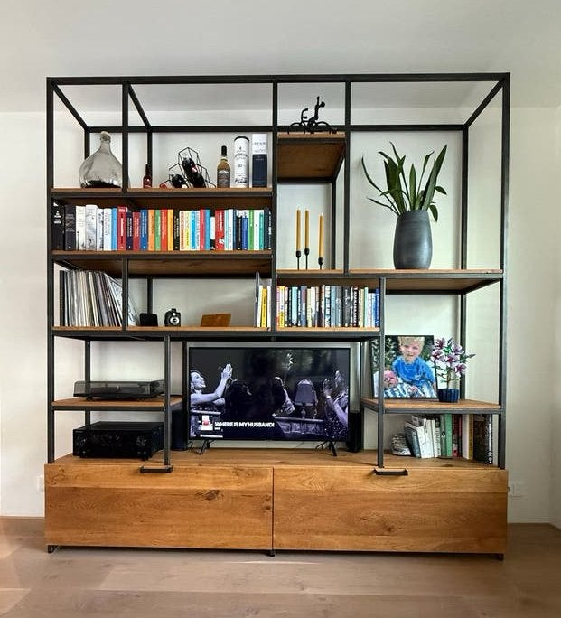 Prachtige eikenhouten wandkast met staal, Ophalen, Met plank(en), 200 cm of meer, Eikenhout