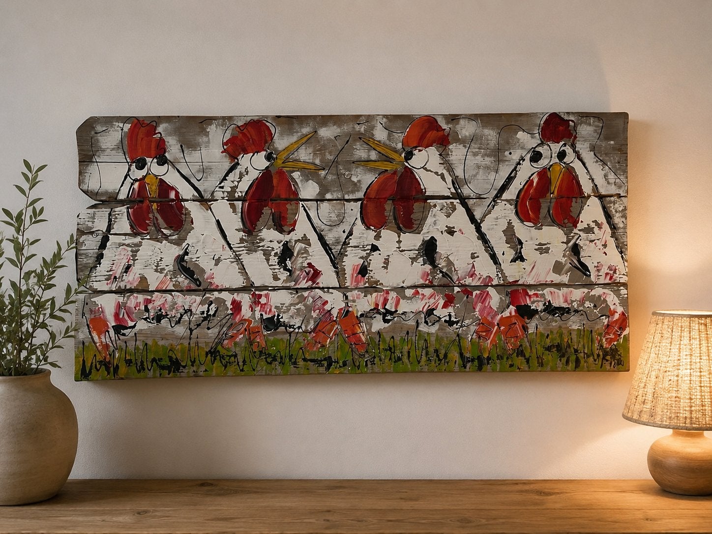 Schilderij met kippen op steigerhouten planken - Fiore, Ophalen, Acrylverf, Hout, Handgeschilderd
