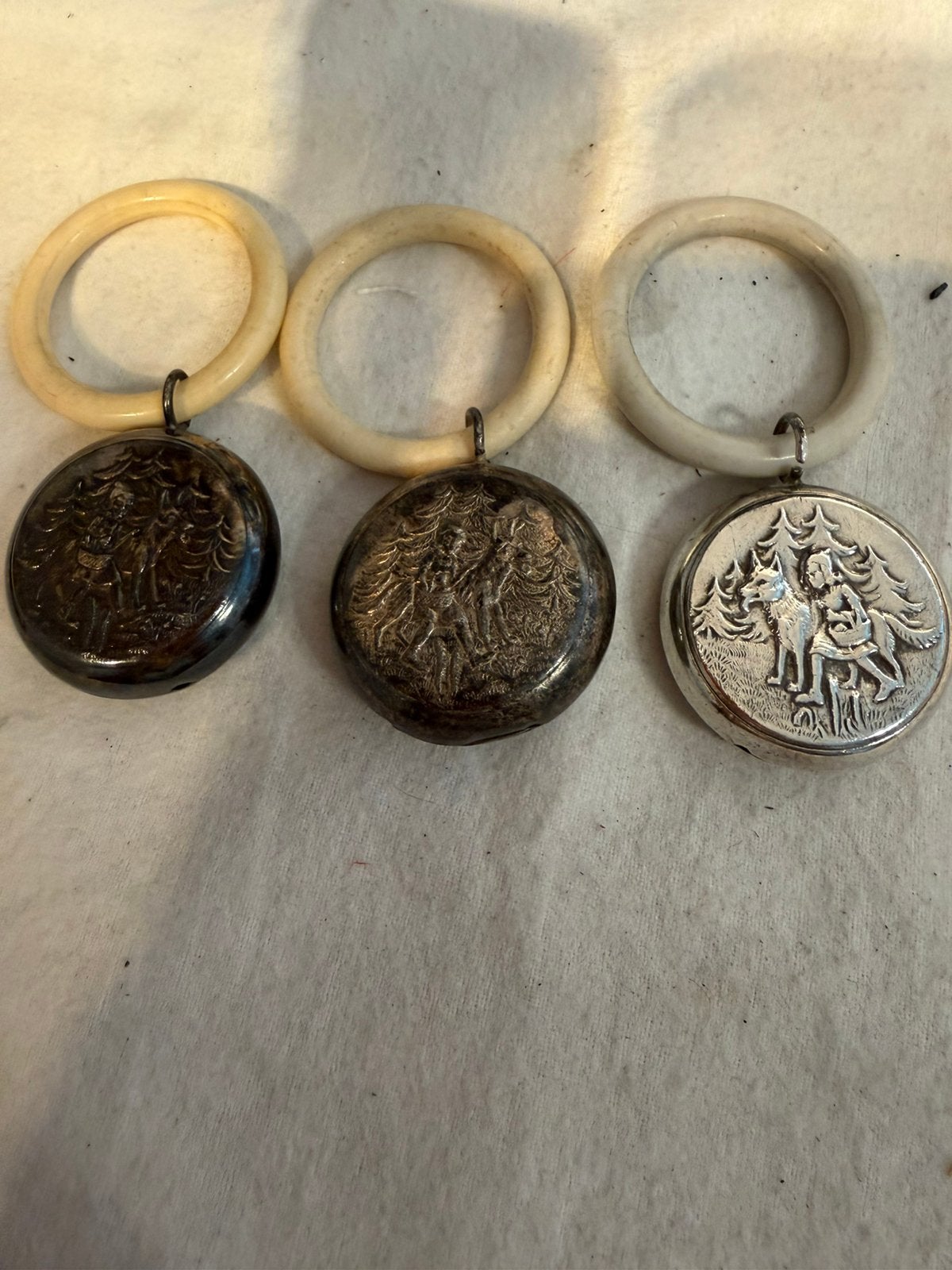 3 vintage verzilverde rammelaars van spar, Antiek en Kunst, Verzenden