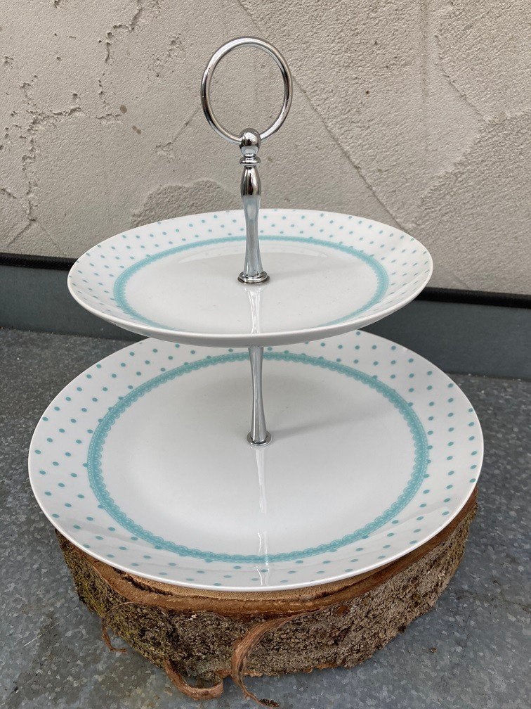 ETAGERE 2 LAGEN PORSELEIN 27 EN 19 CM MET HANDVAT NIEUW, Etagère, Demontabel, -, -