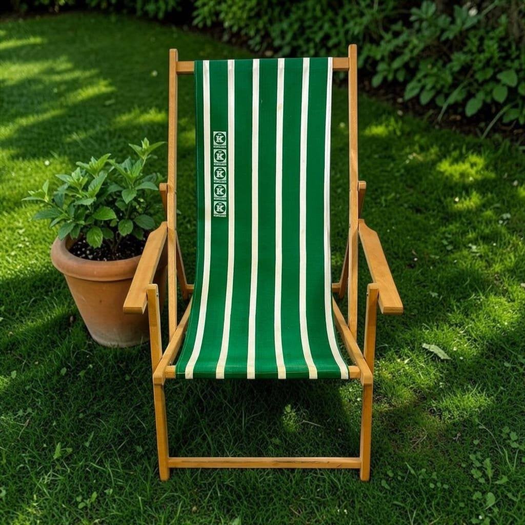 Vintage Houten Strandstoel Deckchair Groen/Wit Gestreept, Ophalen, Gebruikt, Hout