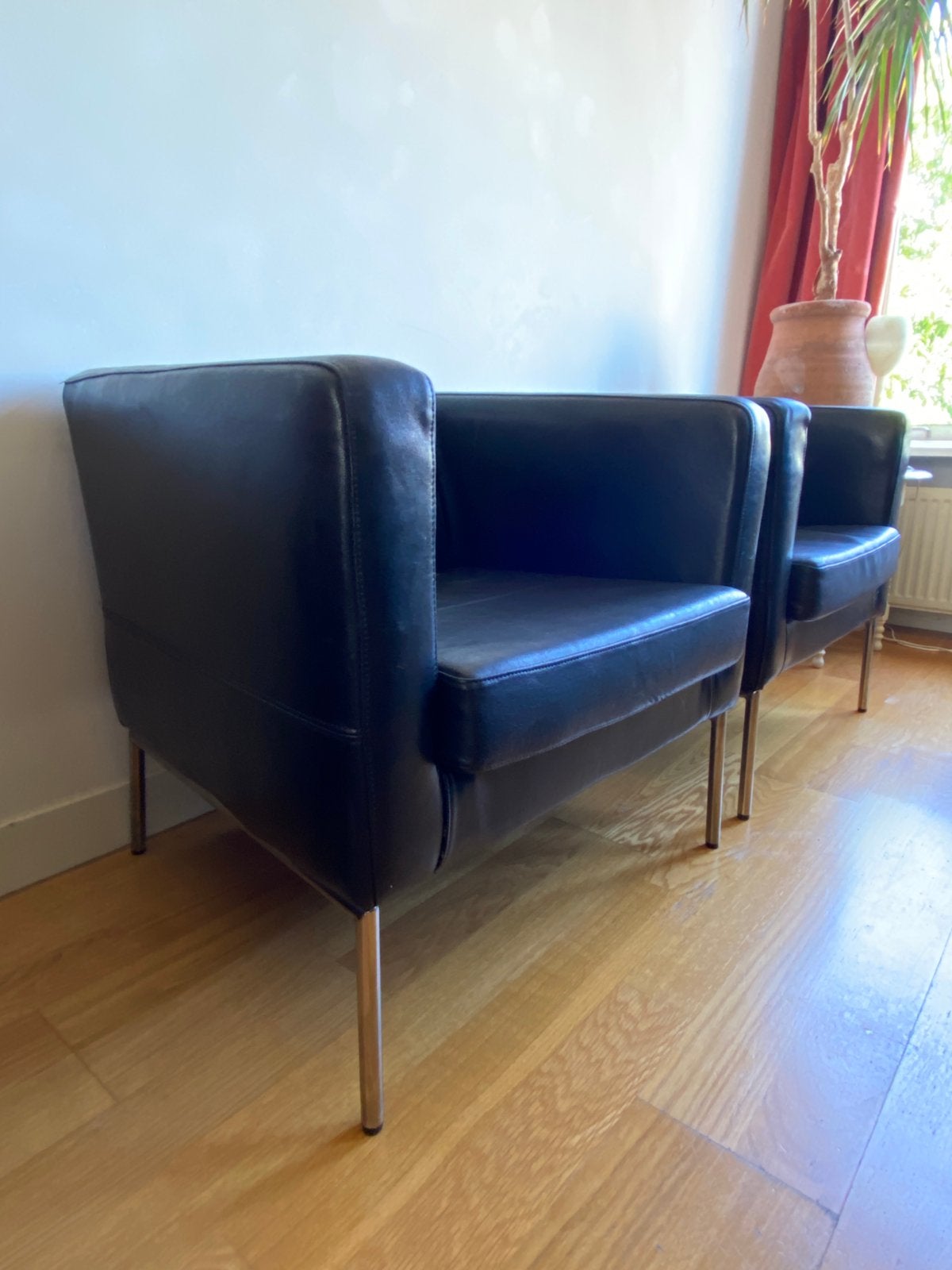 2  leren clubfauteuils, fauteuils, zwart buisframe onderstel, Ophalen, Gebruikt, Eenpersoons, Minder dan 150 cm