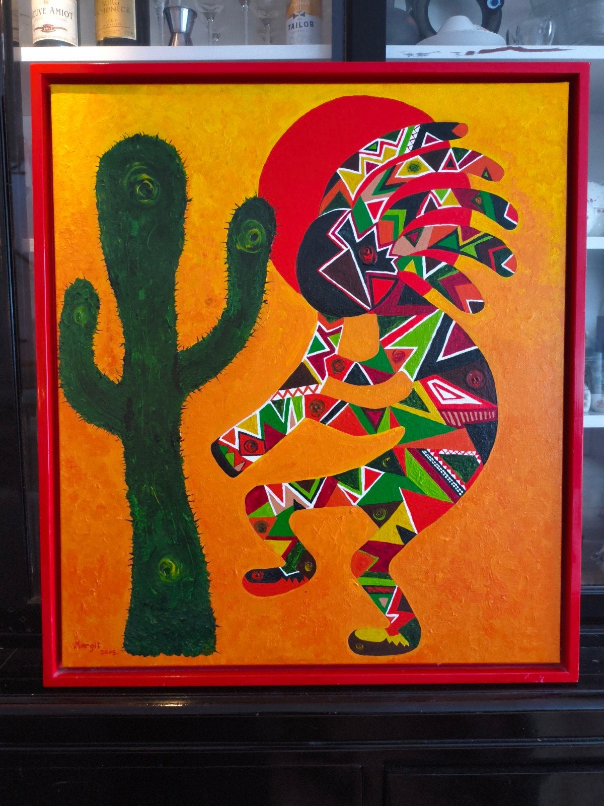 Schilderij Kokopelli Southwest stijl met baklijst 70 x 80 cm, Acrylverf, Overig onderwerp, Ophalen of Verzenden, Ingelijst