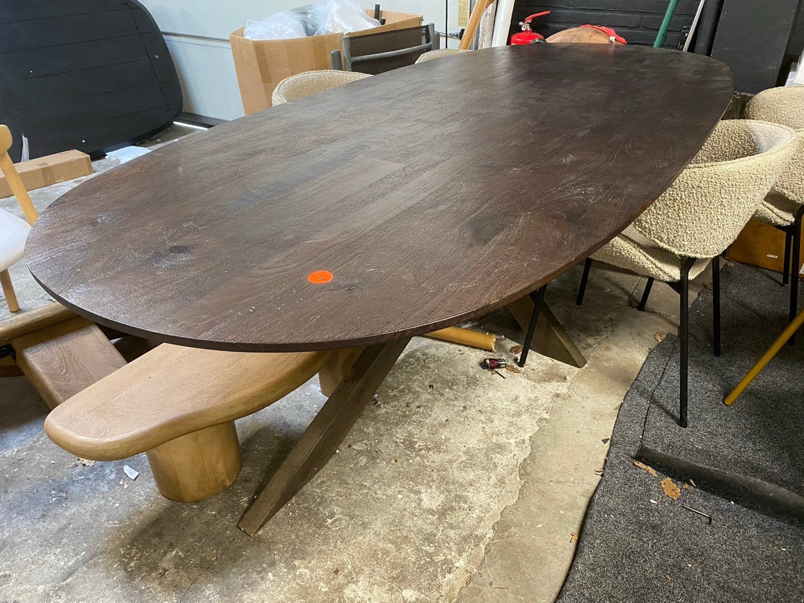 Ovale eettafel 250x110 massief mangohout met stalen spinpoot, Ophalen, 100 tot 150 cm, Vijf personen of meer, Ovaal