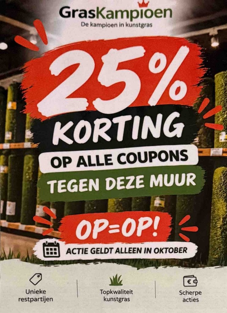 25% Korting kunstgras coupons tegen de muur! Top Kwaliteit!, Ophalen of Verzenden, Nieuw, 20 m² of meer, Kunstgras