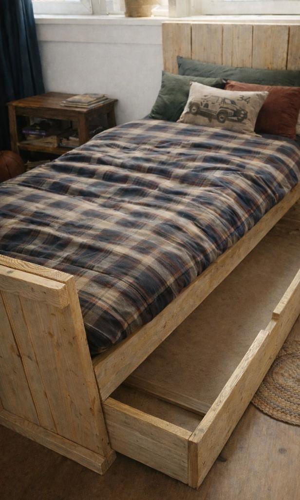 Mooi stoer steigerhout bed 90x200 eenpersoonsbed, Ophalen, Zo goed als nieuw
