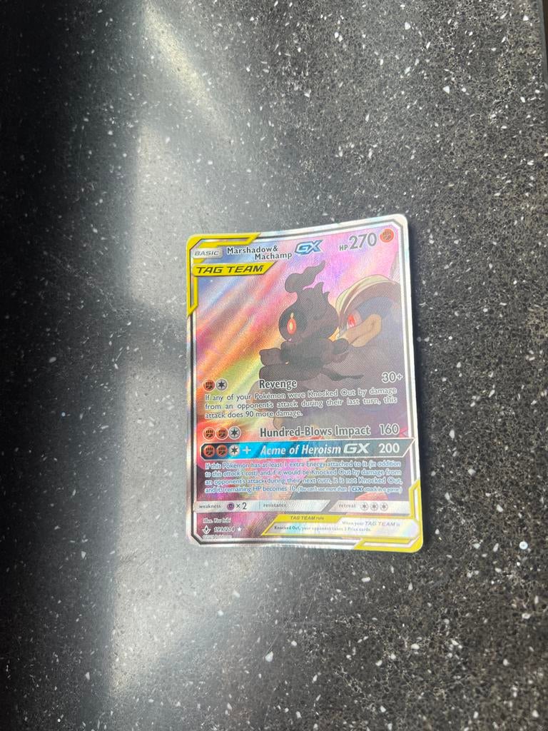 Marshadow & Machamp GX Pokémon kaart, Ophalen of Verzenden, Zo goed als nieuw, Losse kaart, Foil