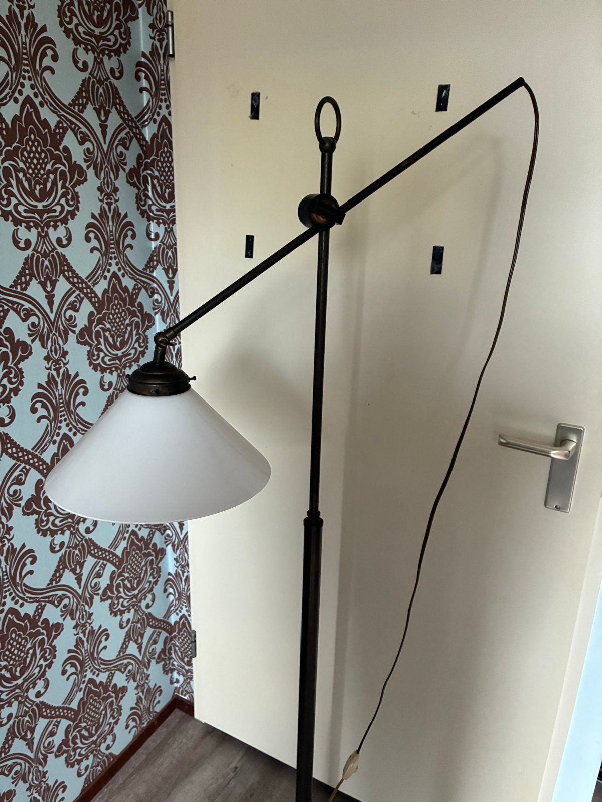 Vintage Vloerlamp met Glazen Kap - Verstelbaar Design, Ophalen, Gebruikt, E27 (groot), Metaal