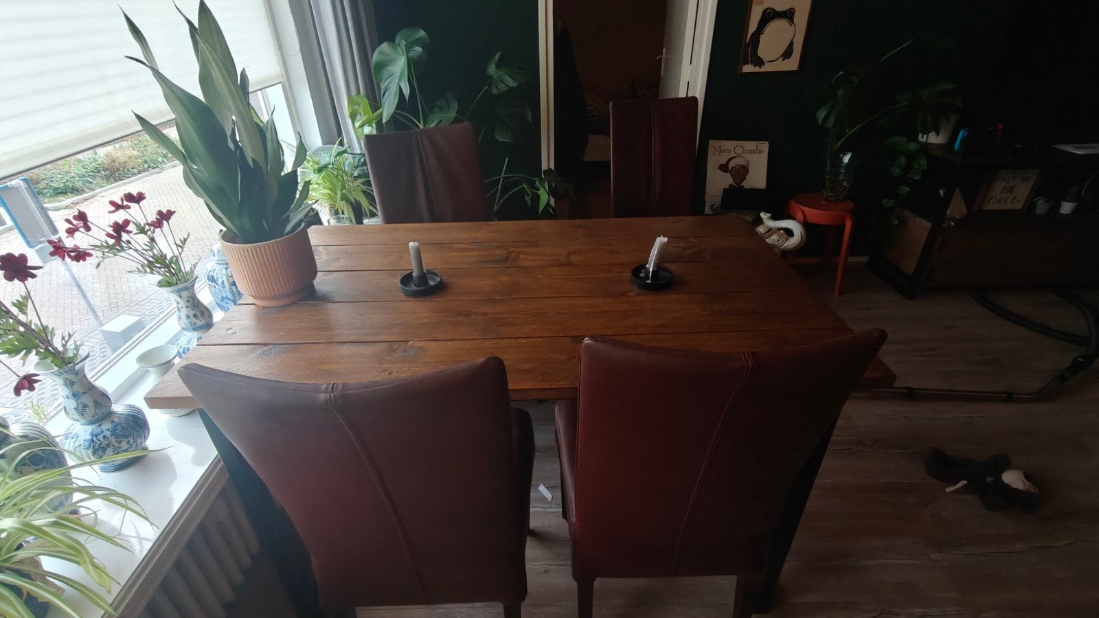 Robuuste houten eettafel met metalen onderstel, Huis en Inrichting, Tafels | Eettafels, Gebruikt, 100 tot 150 cm, 50 tot 100 cm