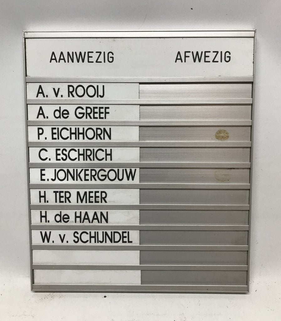 Aan- /afwezigheidsbordje, 10 posities, schuifsysteem, Ophalen of Verzenden, Gebruikt