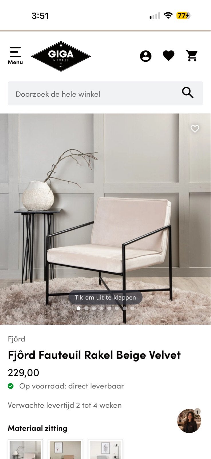 Fjôrd Fauteuil Rakel Beige stoel Velvet, Ophalen of Verzenden, Zo goed als nieuw, Stof, 75 tot 100 cm