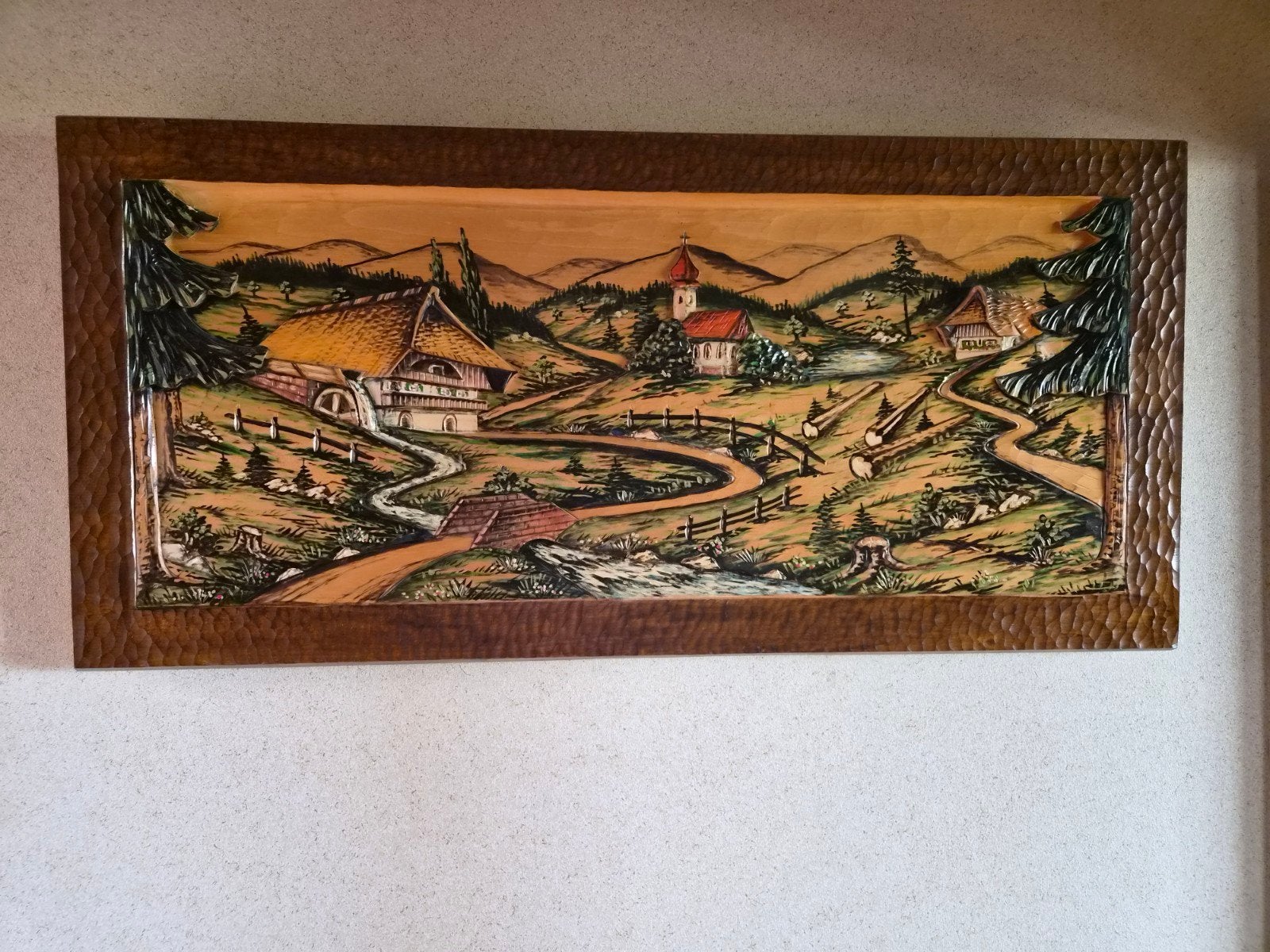 Handgemaakt houten schilderij, landschap, 118.5x56 cm, Ophalen of Verzenden