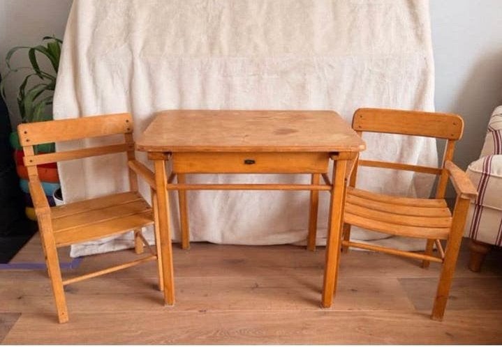 Vintage kinderset tafel + 2 stoelen | Kids table + 2 chairs, Ophalen, Gebruikt, Tafel(s) en Stoel(en)
