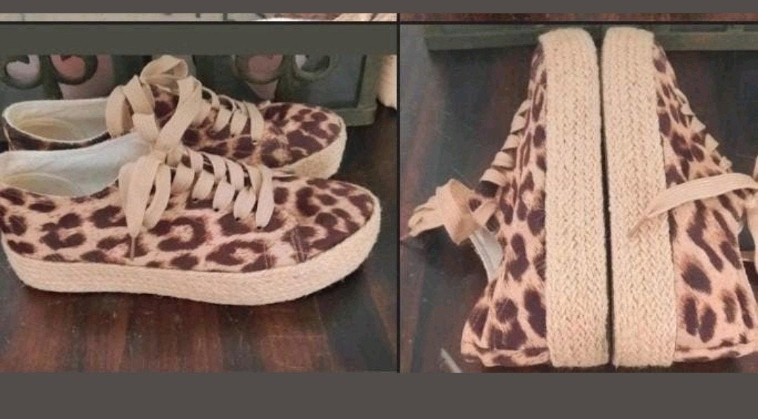 Leuke stoffen Costes luipaardprint veter espadrilles 38, Verzenden, Beige, Zo goed als nieuw, Espadrilles of Moccasins