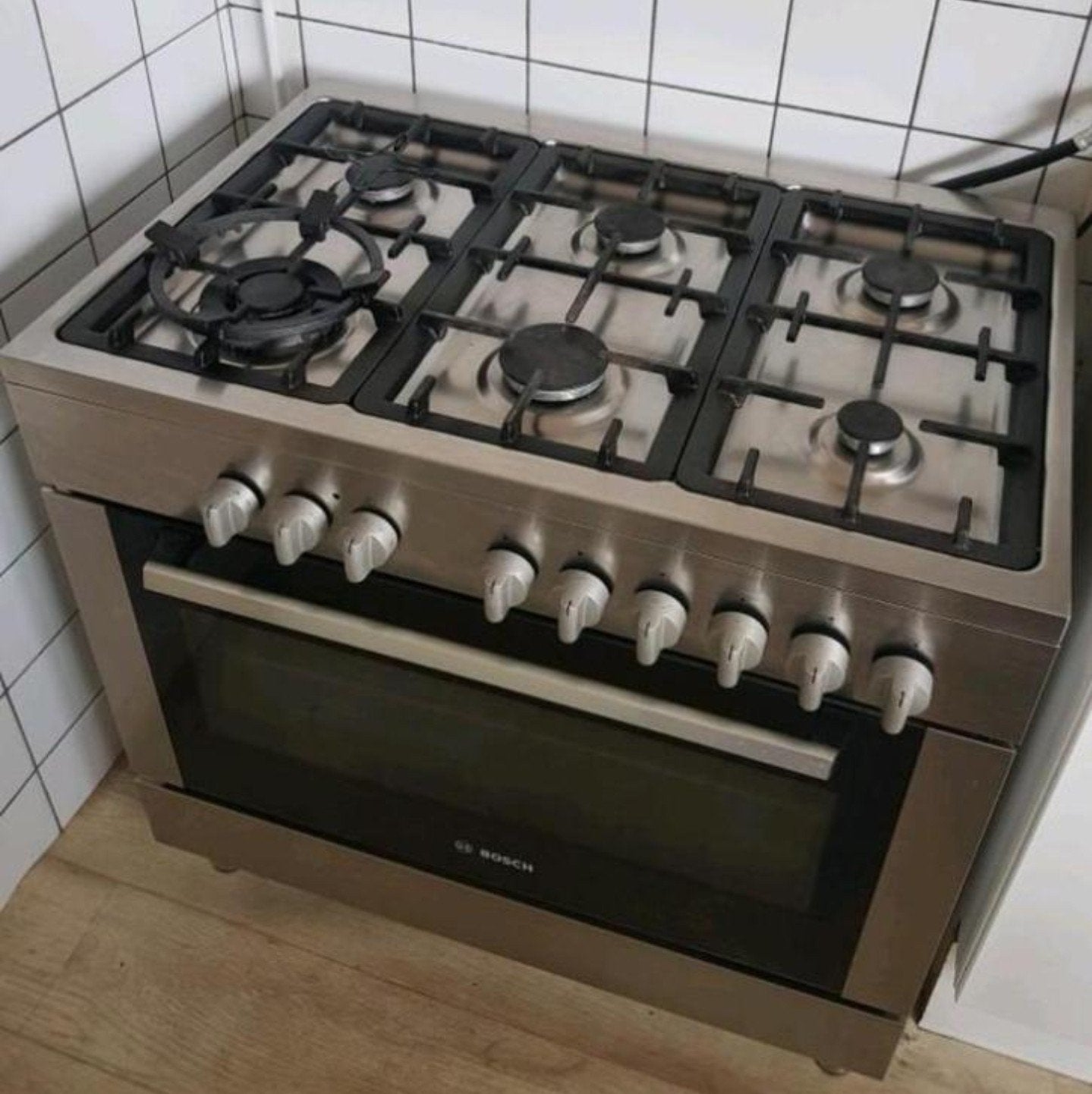 BOSCH RVS Gasfornuis 90 cm 5 Pits met Wokbrander, oven/grill, Gebruikt, Grill, Ophalen of Verzenden, Gas