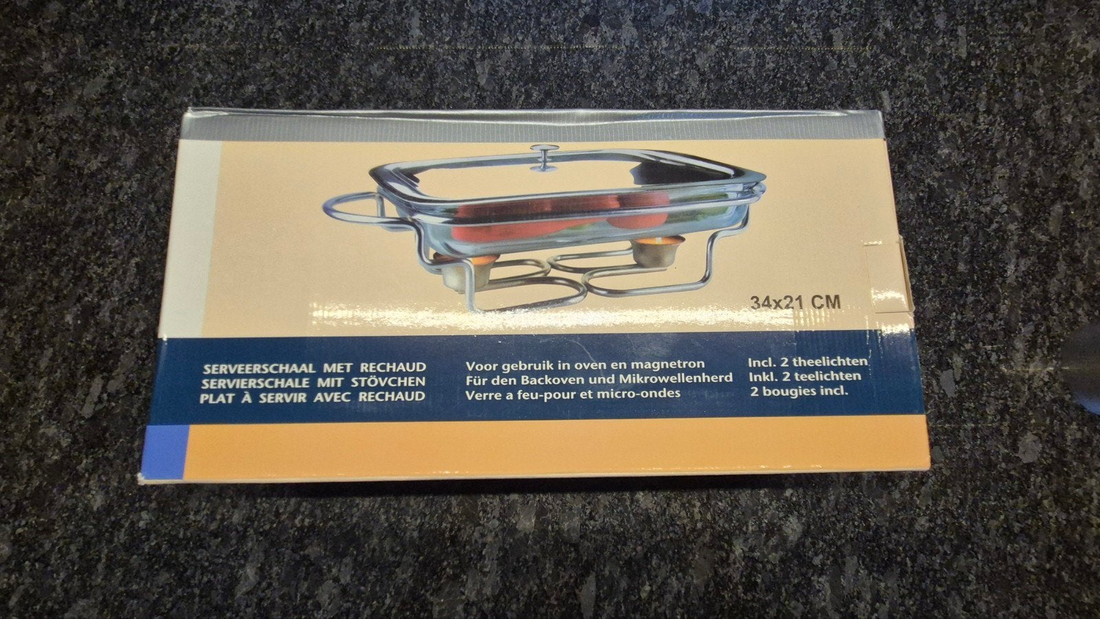 Nieuwe serveerschaal met rechaud - 34x21 cm, Overige typen, Ophalen, Nieuw, Glas