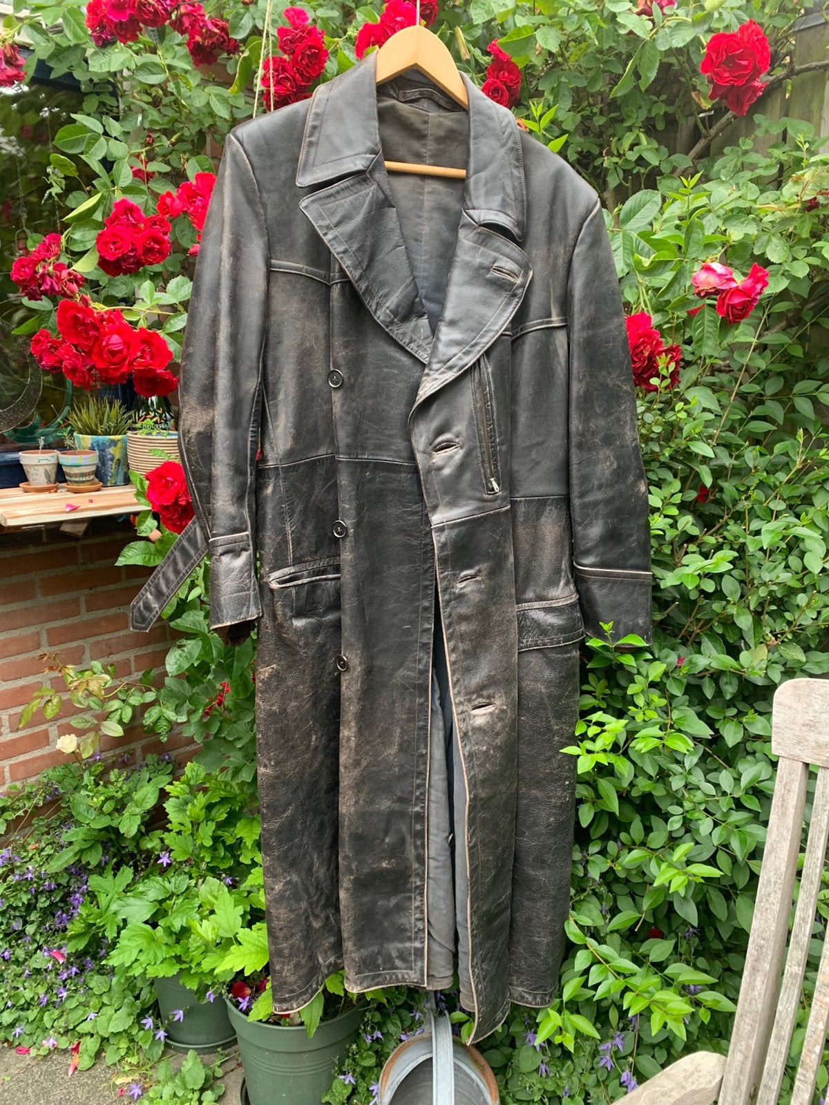 Lange zwarte leren motorjas, vintage, Motoren, Ophalen of Verzenden, Tweedehands, Jas | leer