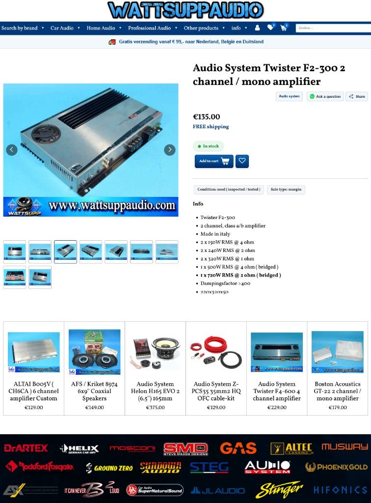 Audio System Twister F2-300 2 kanaals / mono versterker 720W, Auto diversen, Gebruikt, Info@optimount.nl, Ophalen of Verzenden