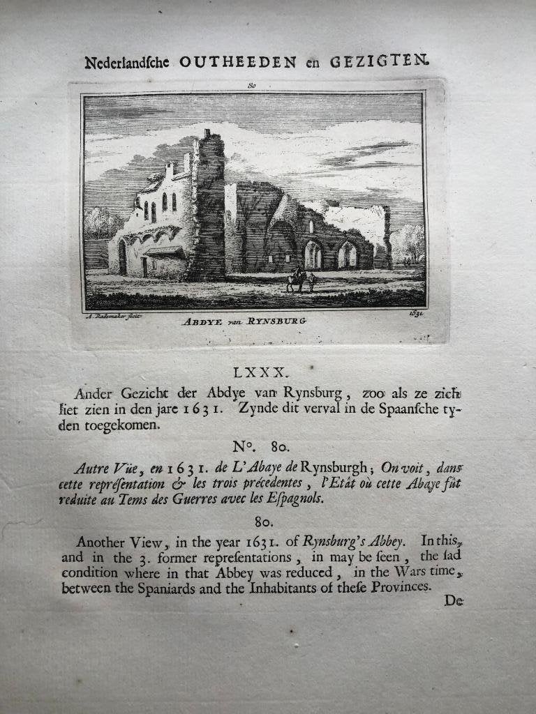 080 / Rijnsburg Ruïne van de Abdij Kopergravure 1731, Antiek en Kunst, Ophalen of Verzenden