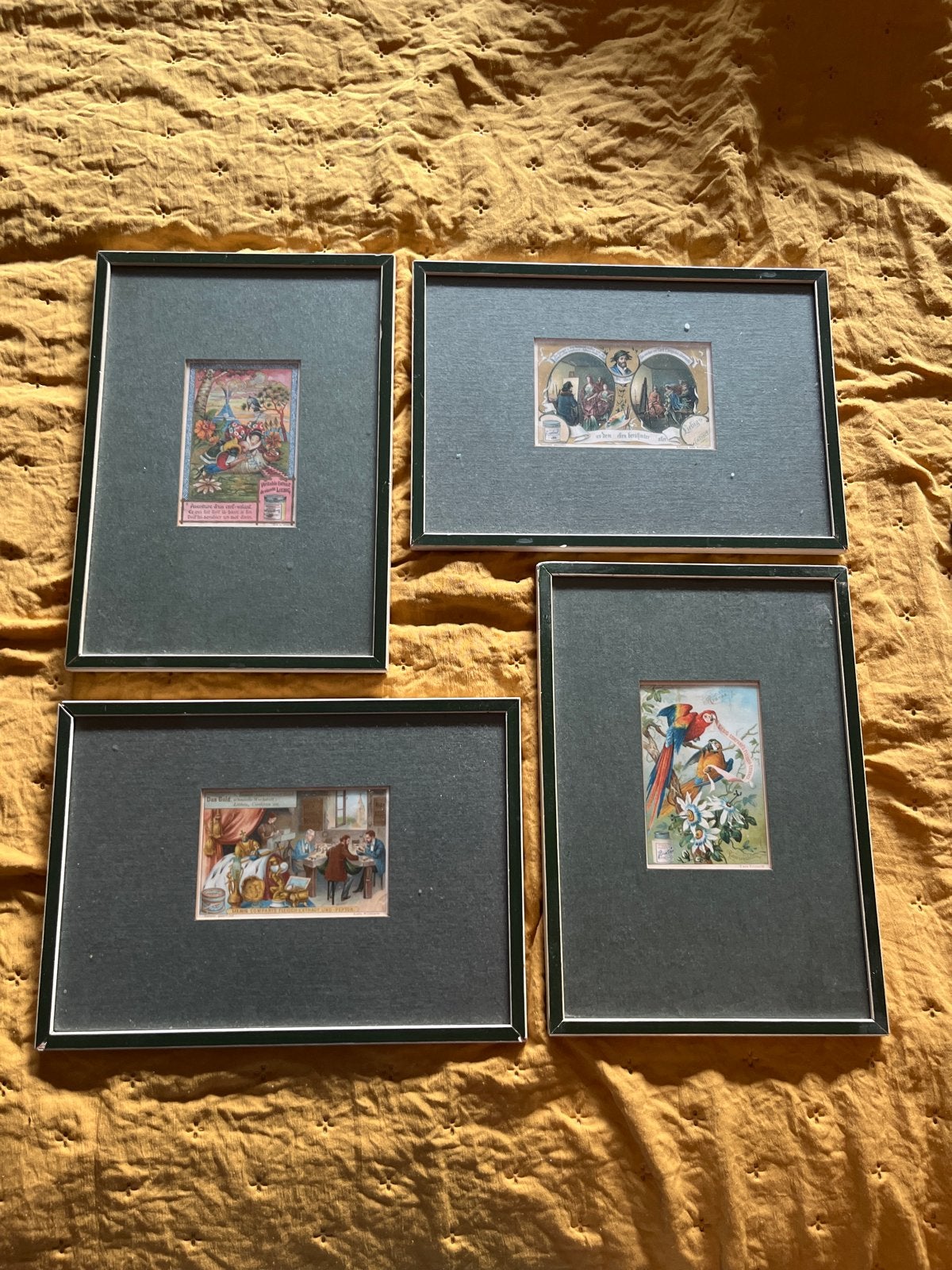 Set van 4 Liebig prentjes in vintage lijstjes (ca. 1900), Ophalen of Verzenden