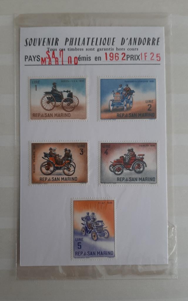 5 Postzegels San Marino Automobiles 1962 Postfris, Ophalen, Overige landen, Postfris
