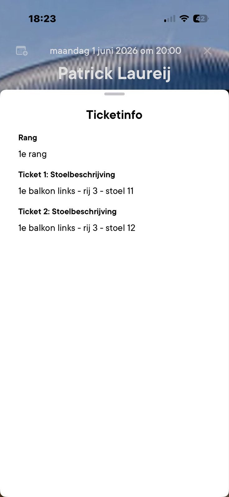 2 tickets balkon plek Patrick laurey, Tickets en Kaartjes, Twee personen, Juni