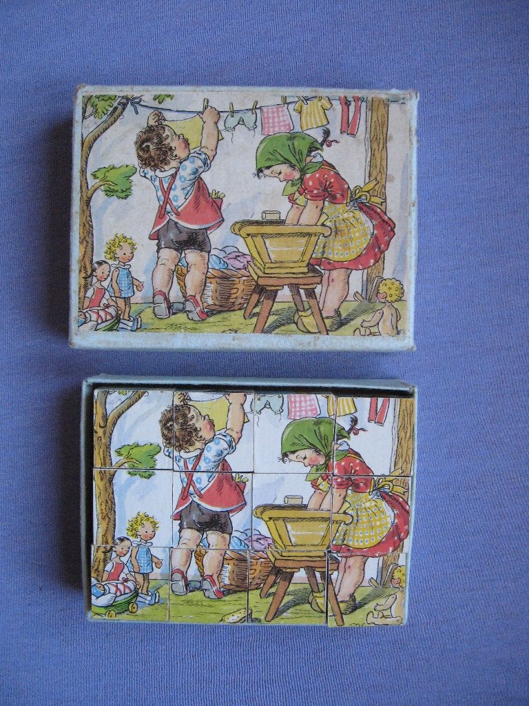 Oud Blokkendoosje (6 afbeeldingen / 12 houten blokken), Ophalen of Verzenden
