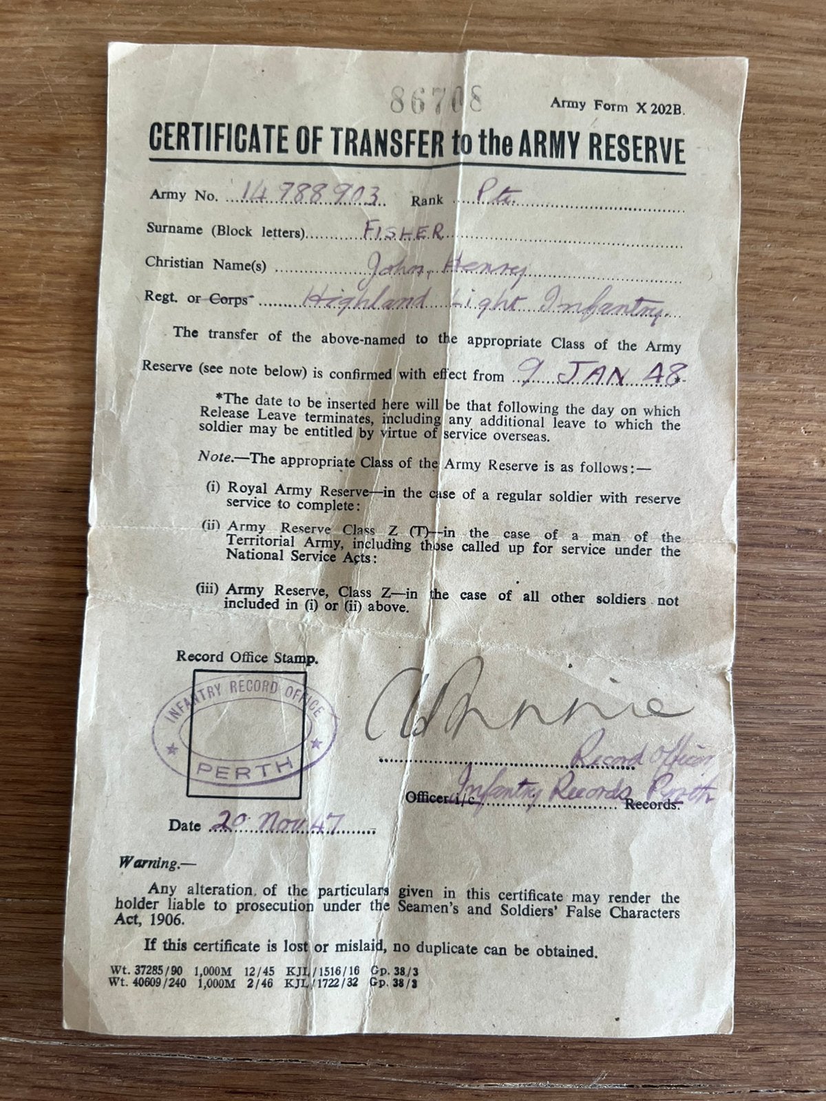 Persoonlijk Militair document 1947, Verzamelen, Militaria | Tweede Wereldoorlog, Ophalen of Verzenden, Landmacht, Engeland, Embleem of Badge