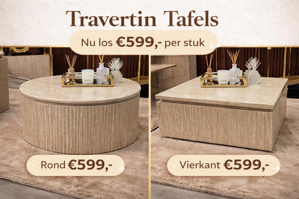 Japandi - Luxe Travertin Salontafels op voorraad ROND, Ophalen, Overige materialen, Vierkant, Nieuw