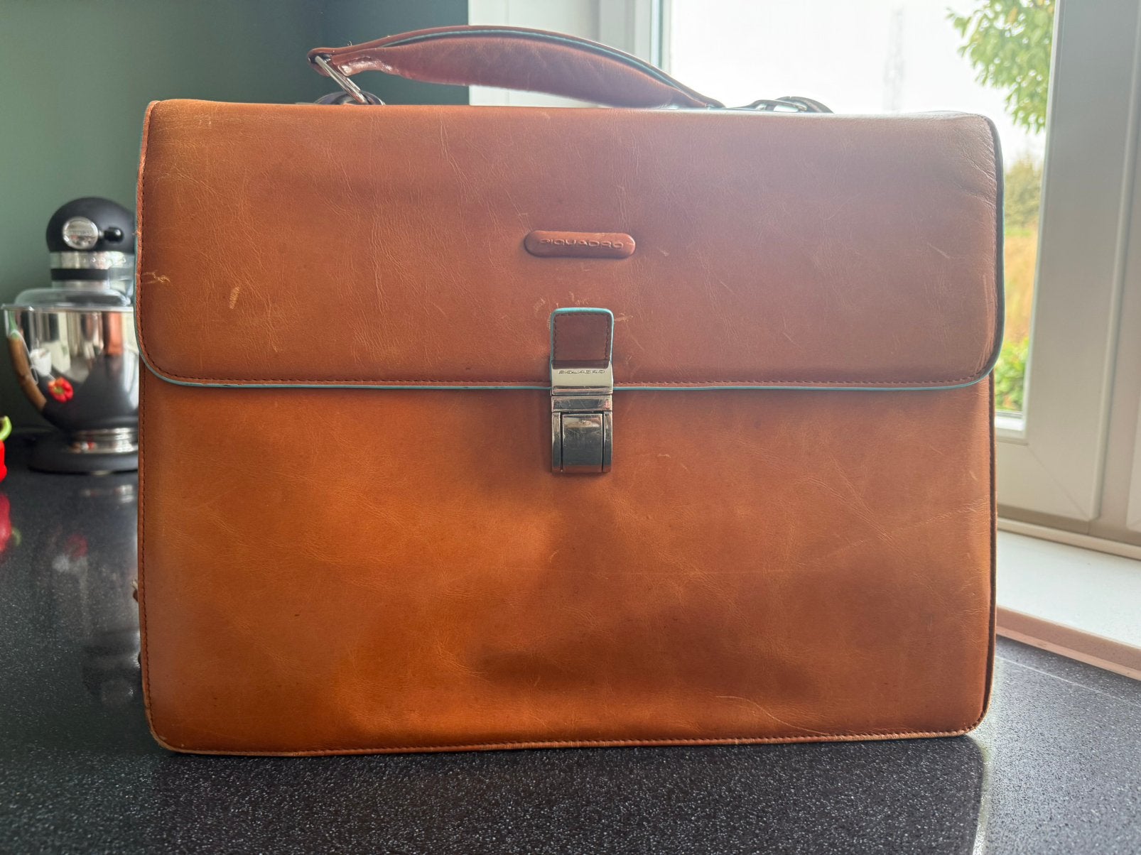 Piquadro blue square 100% leren laptop briefcase, Computers en Software, Gebruikt, Bruin, 17 inch of meer, Aktetas