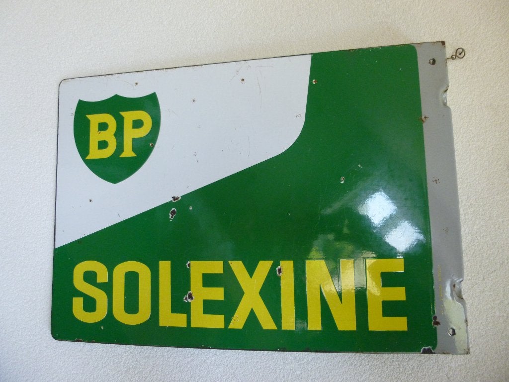EMAILLE DUBBELZIJDIG RECLAME BORD"BP SOLEXINE "UIT 1962, Verzamelen, Ophalen of Verzenden, Gebruikt, Reclamebord