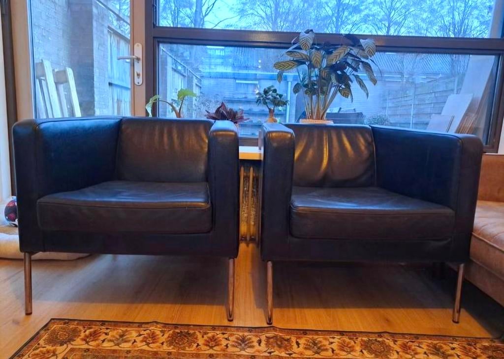 Set van 2 zwarte leren fauteuils, Gebruikt, Twee, Zwart, Ophalen of Verzenden