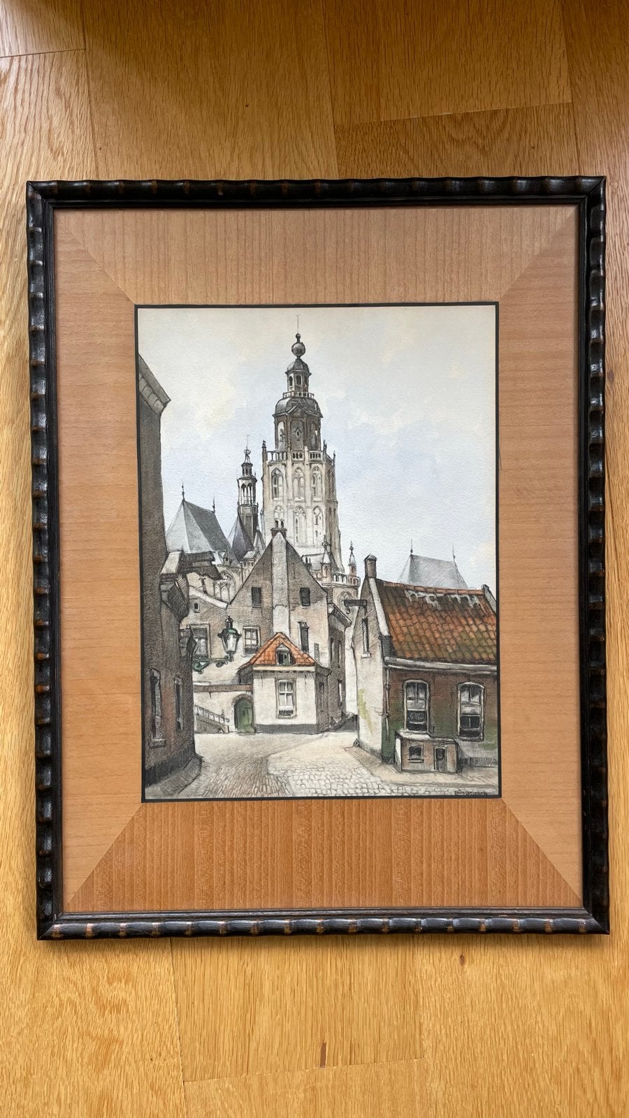 Stadsgezicht Zutphen - Louis Leclercq - Ingelijst, Ophalen, Realistisch, Gesigneerd, Tekening