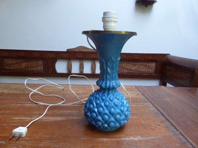 Prachtige blauwe opaline lamp met koperen rand, Ophalen of Verzenden