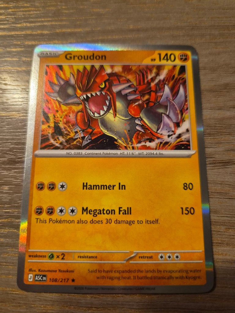 Groudon Pokémon Kaart 108/217 - ASC, Ophalen of Verzenden, Zo goed als nieuw, Losse kaart, Foil
