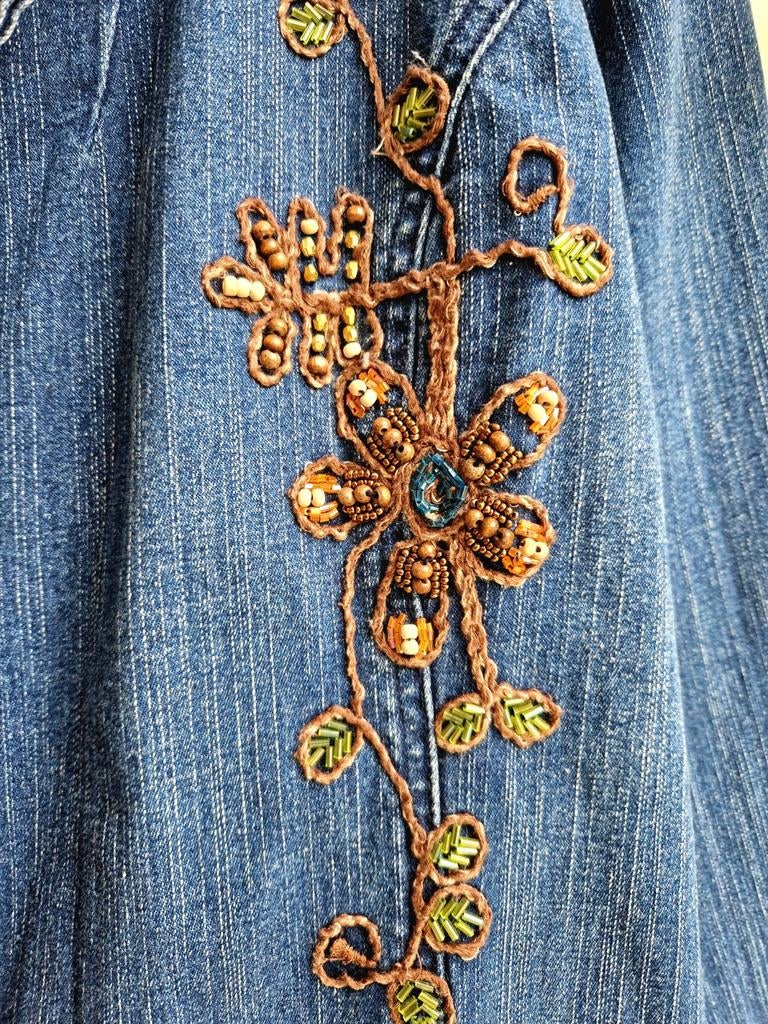 Prachtige blauwe vintage denim jas met borduursels, Ophalen of Verzenden, Zo goed als nieuw, Maat 38/40 (M), Blauw