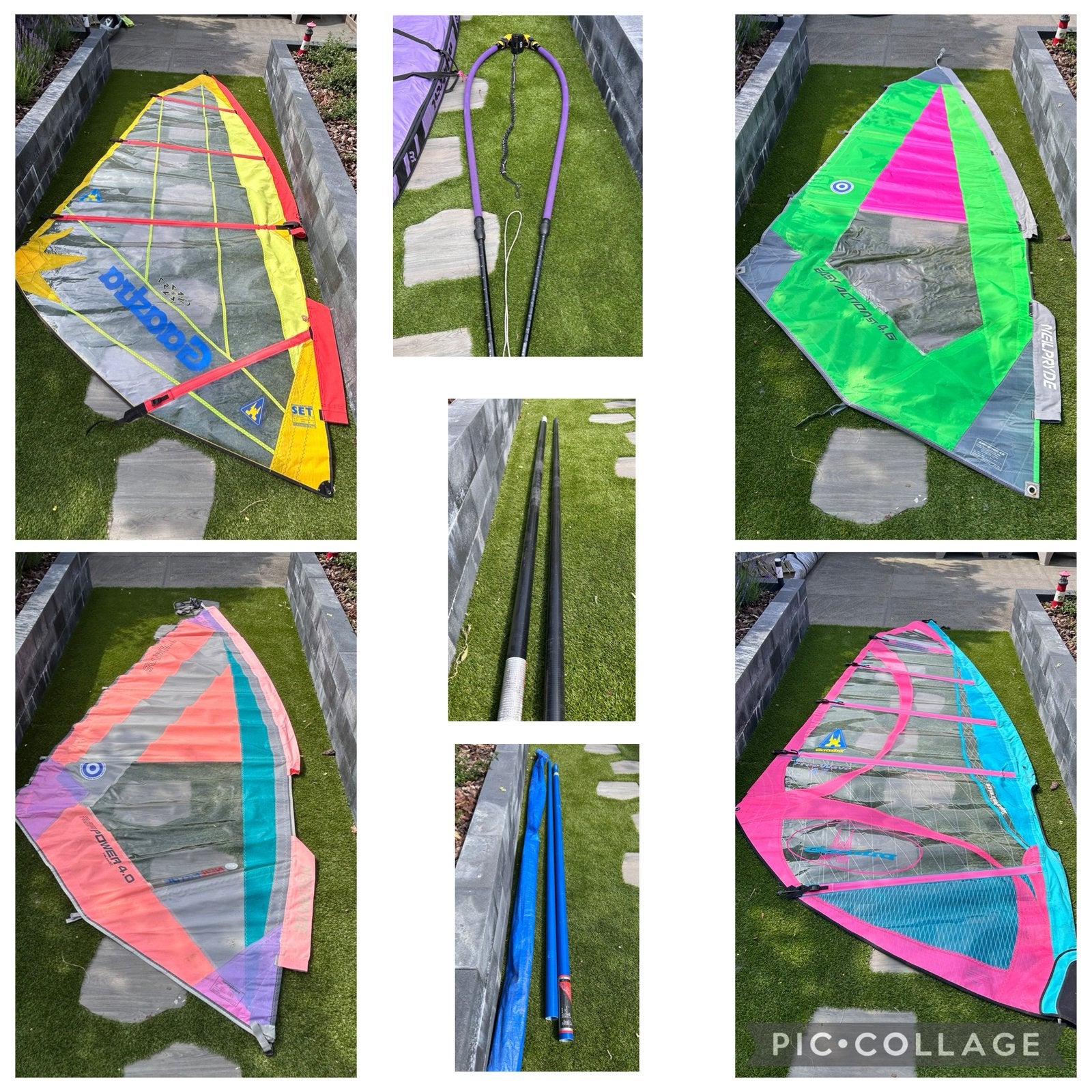 4 zeilen met masten en giek te koop, Watersport en Boten, Windsurfen, Ophalen, Gebruikt