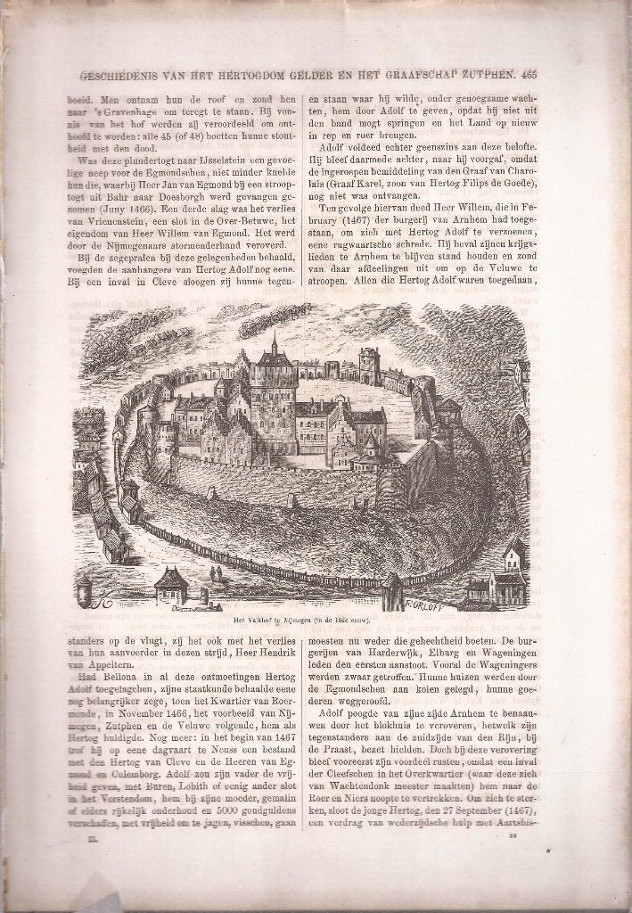 Nijmegen. Het Valkhof te Nijmegen (in de 16e eeuw) houtgr., 10 cm, Gesigneerd, 1800 - 1899, Stadsgezicht