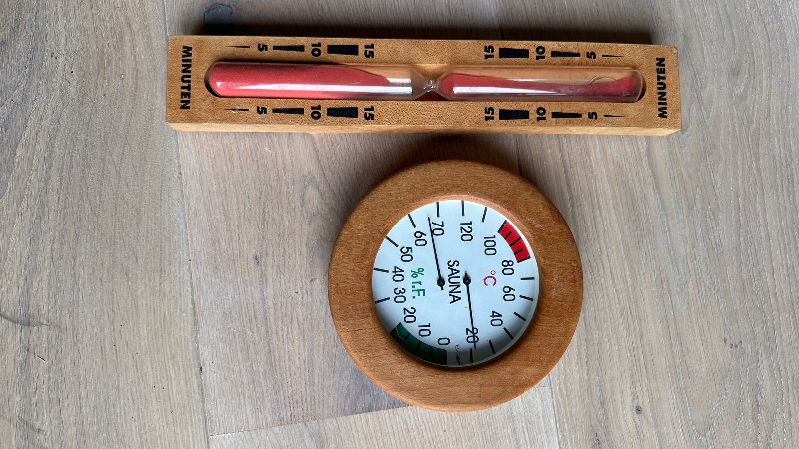 Sauna thermometer en zandloper set, Ophalen of Verzenden, Gebruikt