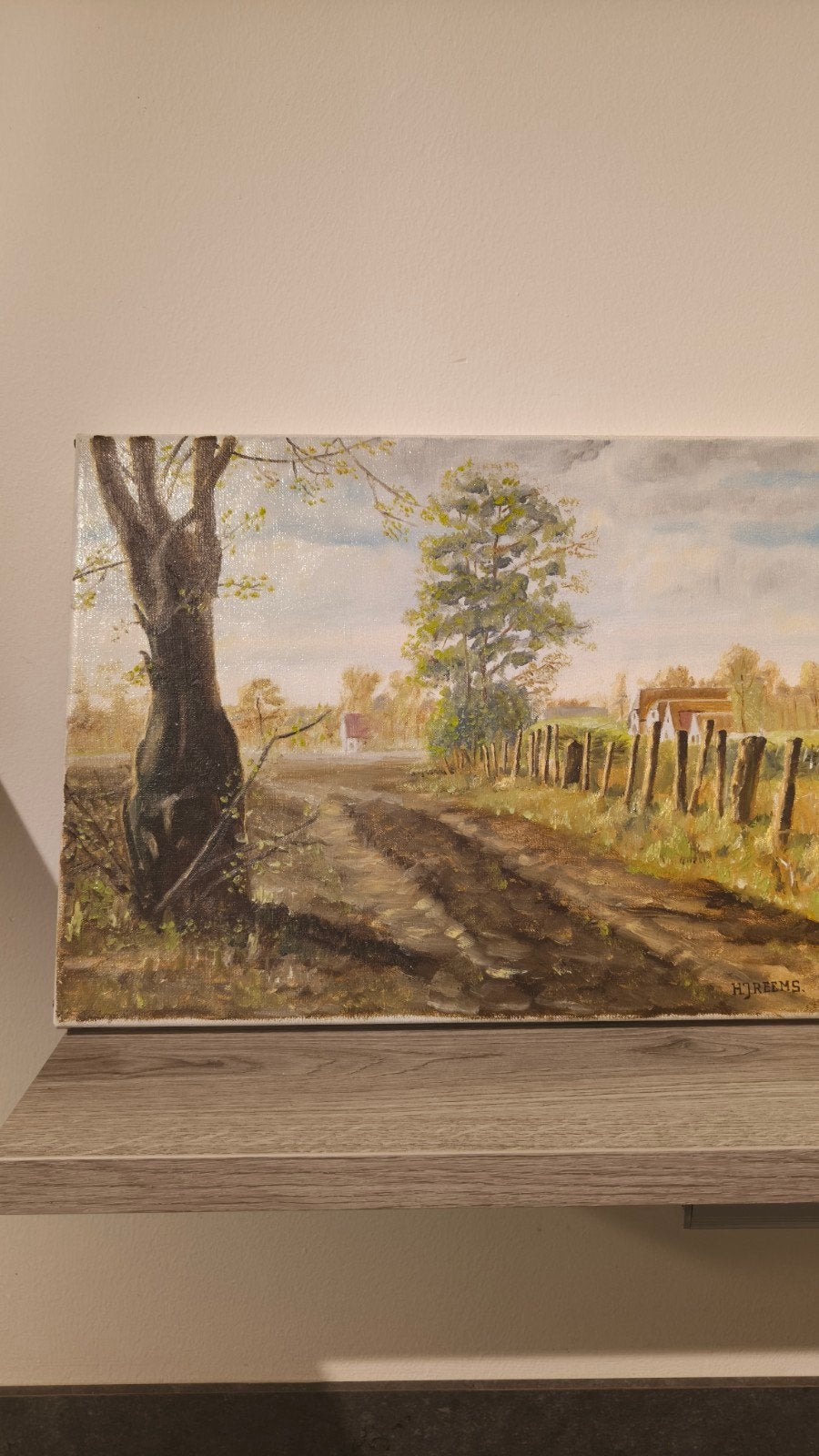 Schilderij H.J. Reems - Landschap met boerderij en hek, Ophalen of Verzenden