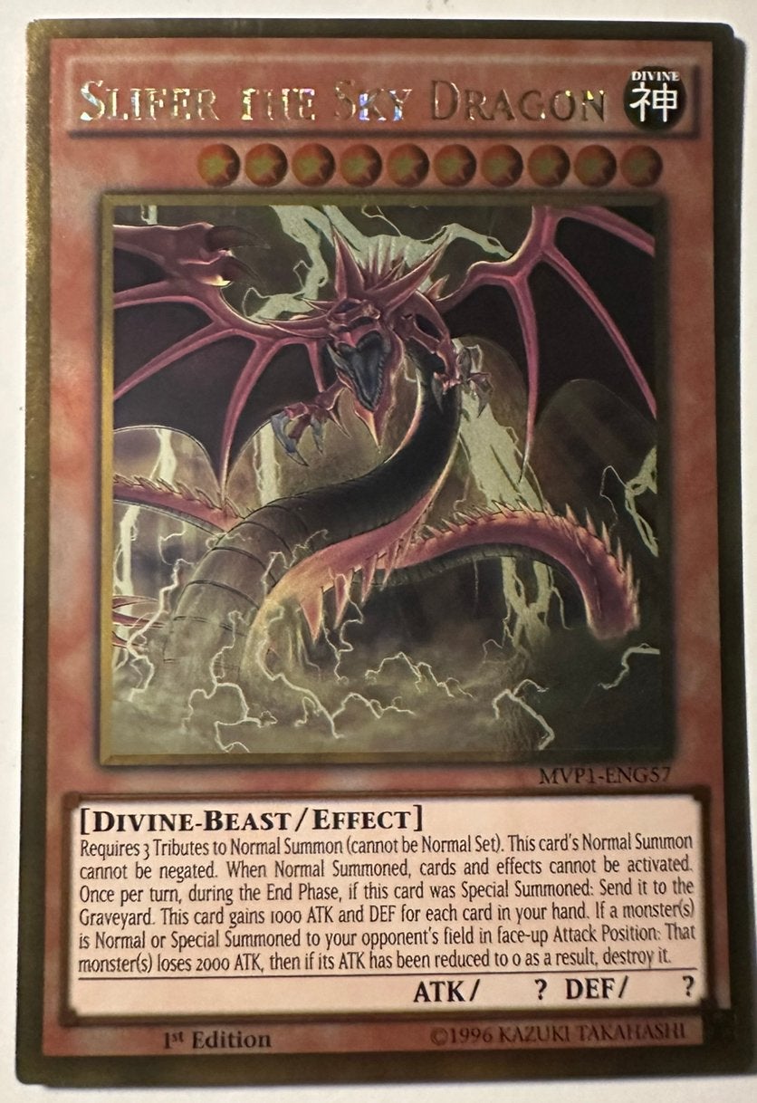 Yu-Gi-Oh! Slifer the Sky Dragon MVP1 1st Edition !, Ophalen of Verzenden, Gebruikt, Losse kaart, Foil