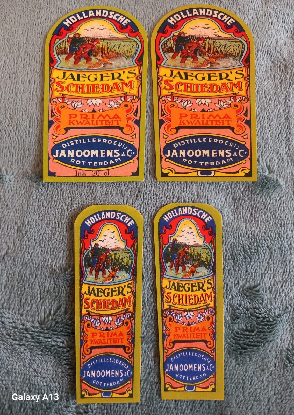 4 Kelderfles/Kruik Etiketten Jaegers Schiedam J.Oomens R'dam, Ophalen of Verzenden, Zo goed als nieuw, Overige typen