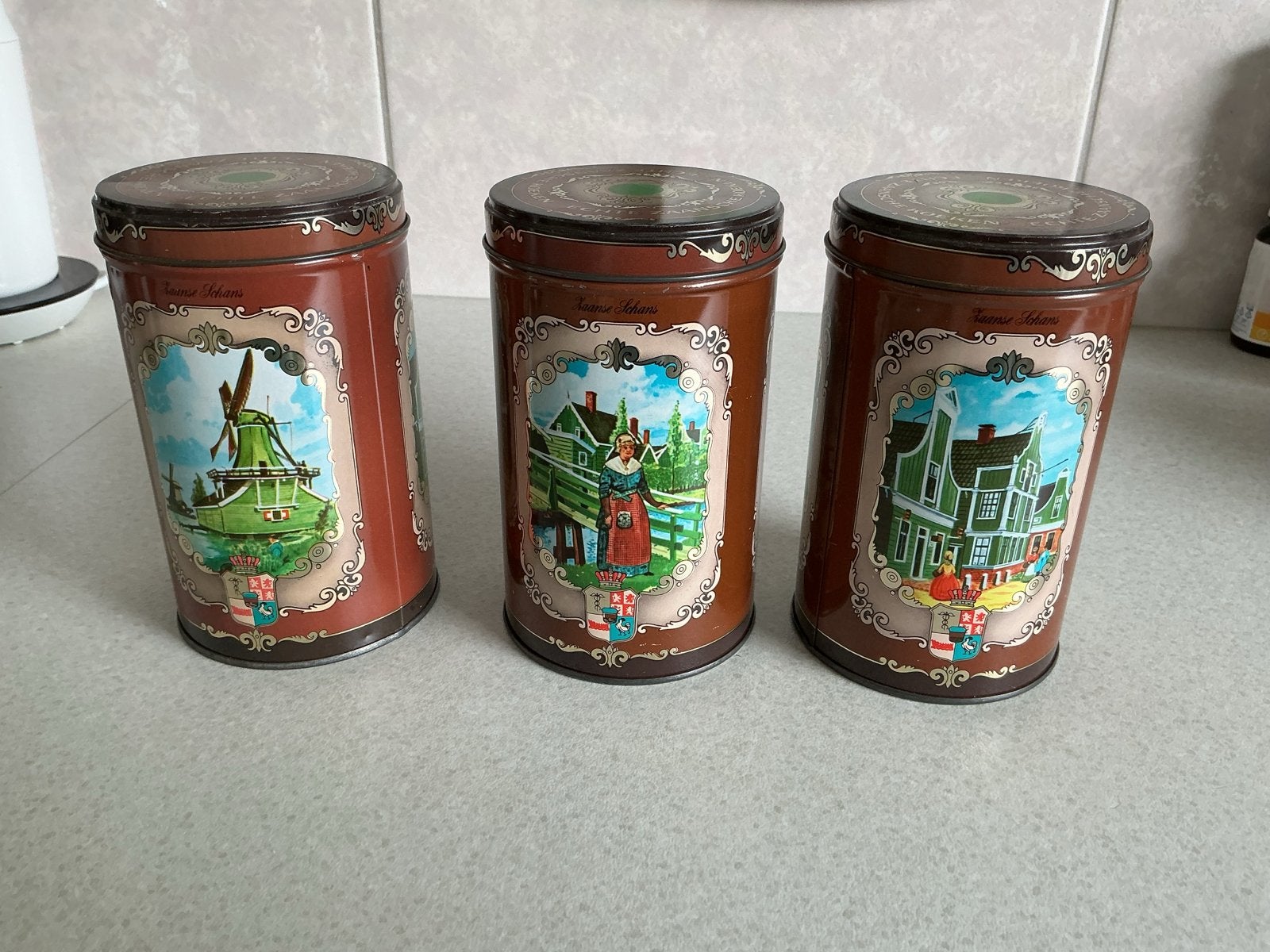 Set van 3 vintage Zaansche Koeken bewaarblikken, Verzamelen, Blikken, Ophalen, Gebruikt, Koek(jes), Overige merken