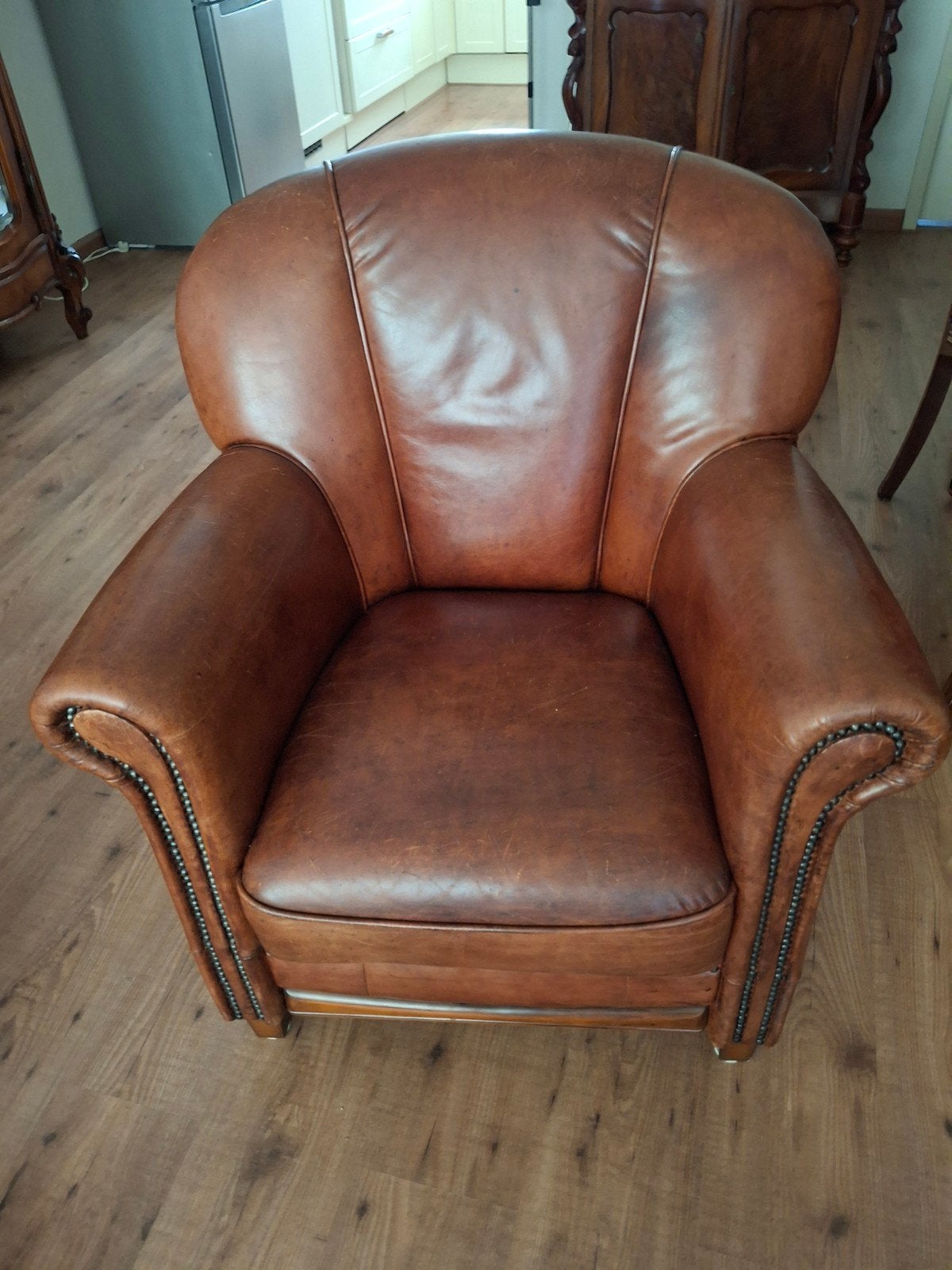 Leren fauteuil - Chesterfield stijl, Huis en Inrichting, Fauteuils, Ophalen, Gebruikt, Chesterfield, 75 tot 100 cm