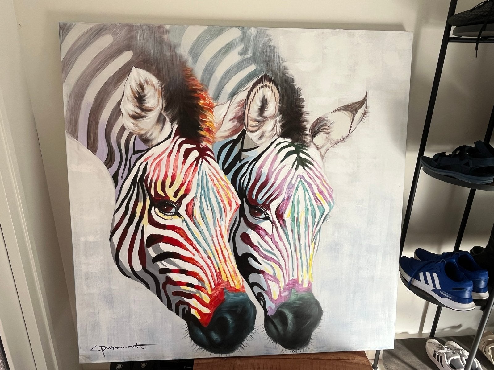 Schilderij zebra's 120x120cm met kleine beschadiging, Ophalen, Textiel, Op houten frame, Dieren