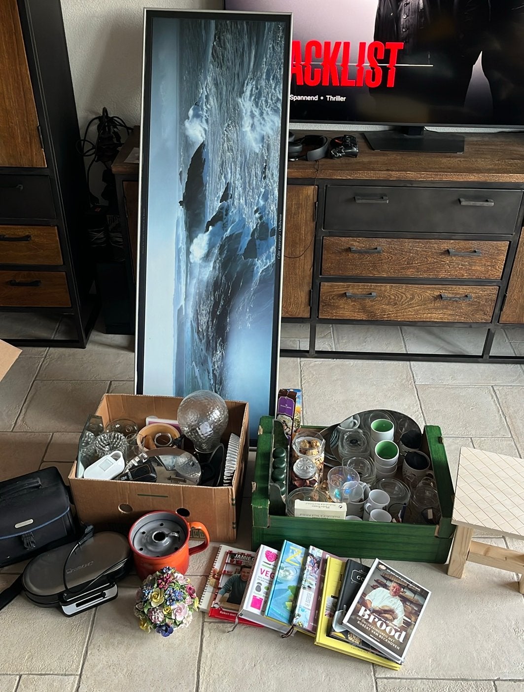 Partij rommelmarkt spullen oa videocamera, lamp, spiegels, Ophalen, Gebruikt