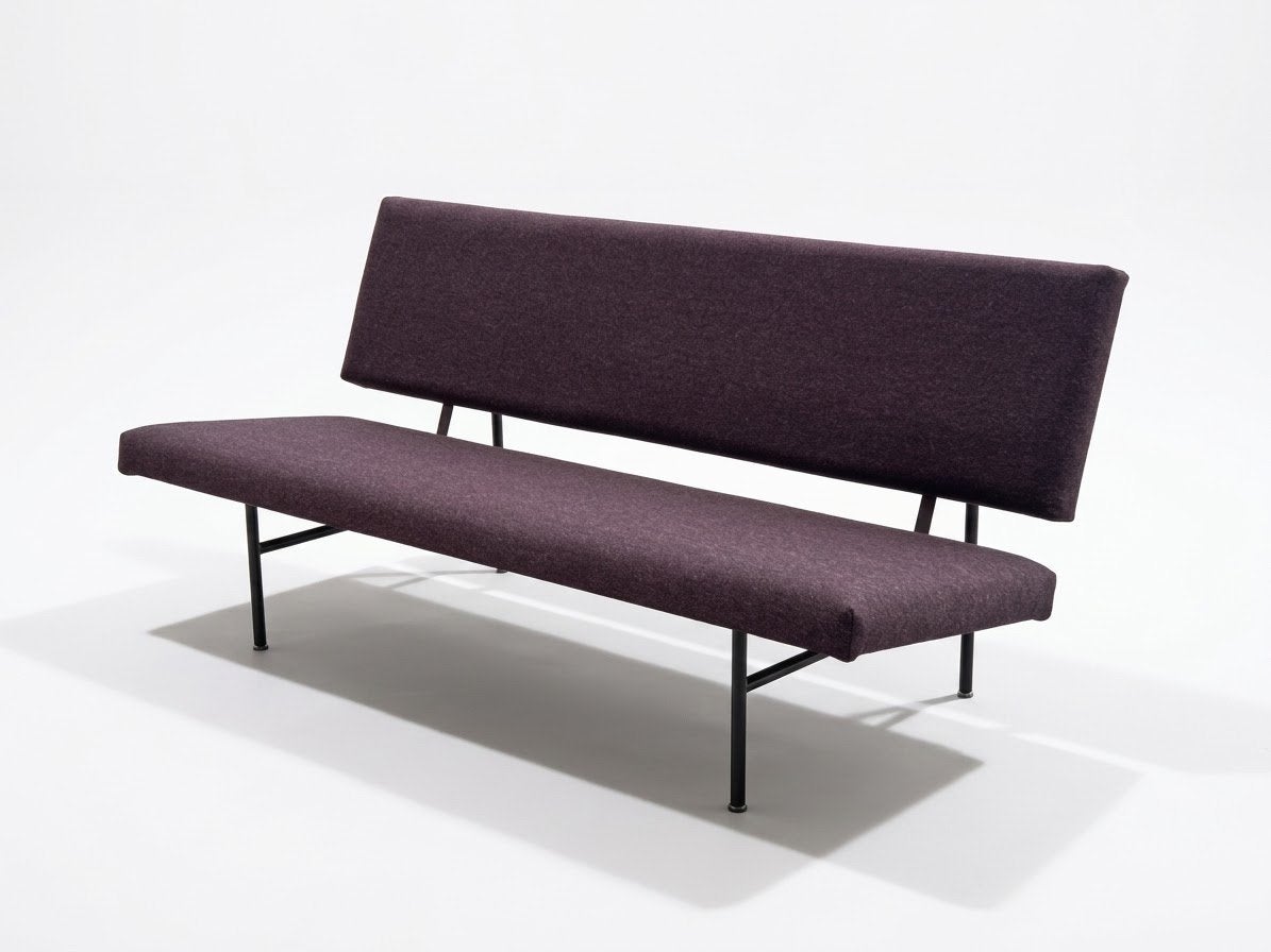 Gispen model 1721  bankje nieuw gestoffeerd in aubergine wol, ., Minder dan 75 cm, Vintage, Ophalen of Verzenden