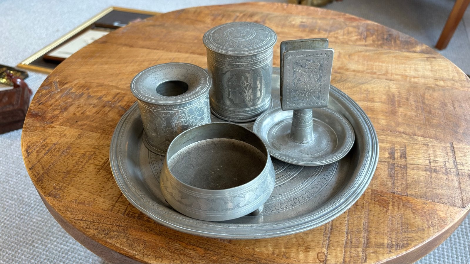 Antieke tinnen set: dienblad, potten en luciferhouder, Ophalen of Verzenden